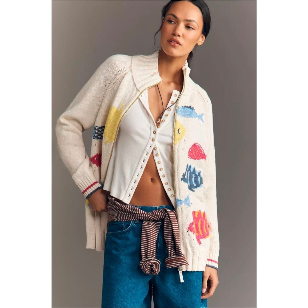 NWT Anthropologie Pilcro Fish Icon Zip-Up Sweater. Size S. Retails $228 - Picture 3 of 10